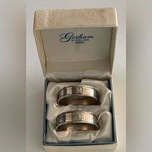 SET OF 2 VINTAGE GORGAM STERLING SILVER NAPKIN RINGS-ENGRAVED M MONOGRAM-IN BOX